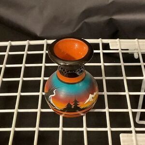 Small Native American Navajo Pottery Hand-Painted Vase Vessel Signed 2.5”